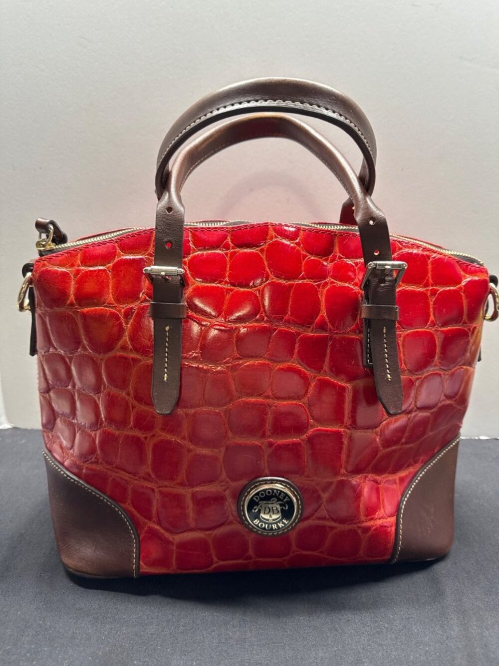 Dooney & Bourke Red Crocodile-Embossed Leather Satchel Brown Leather Trim Handle